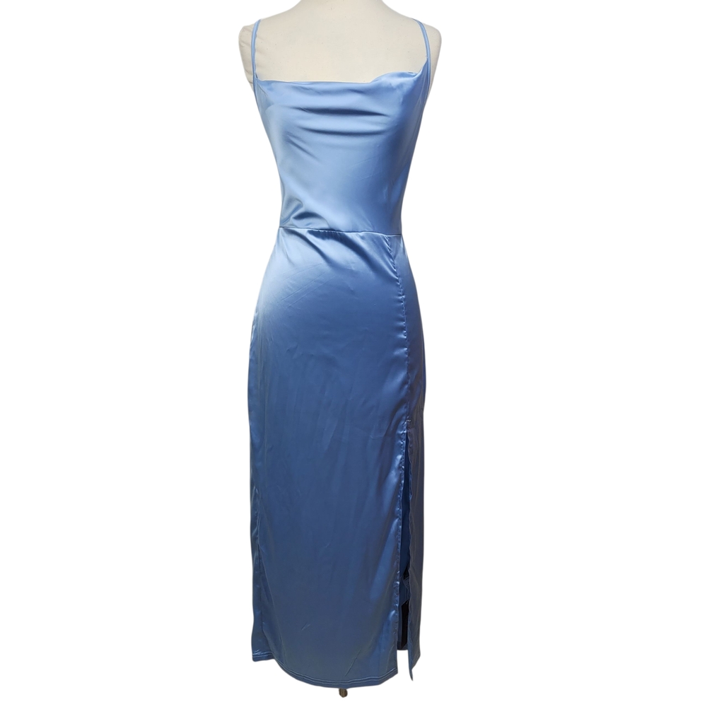 SHEIN SXY Sky Blue Satin Strappy Glam Backless Midi Dress Size 8-10 - Picture 2 of 11